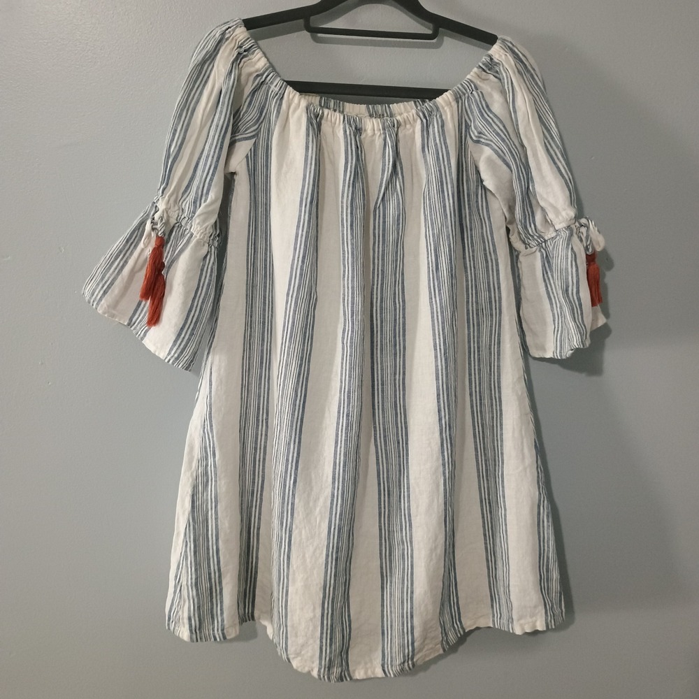 Altar'd State 100% Linen Striped Off Shoulder Tassel Dress Medium Blue White